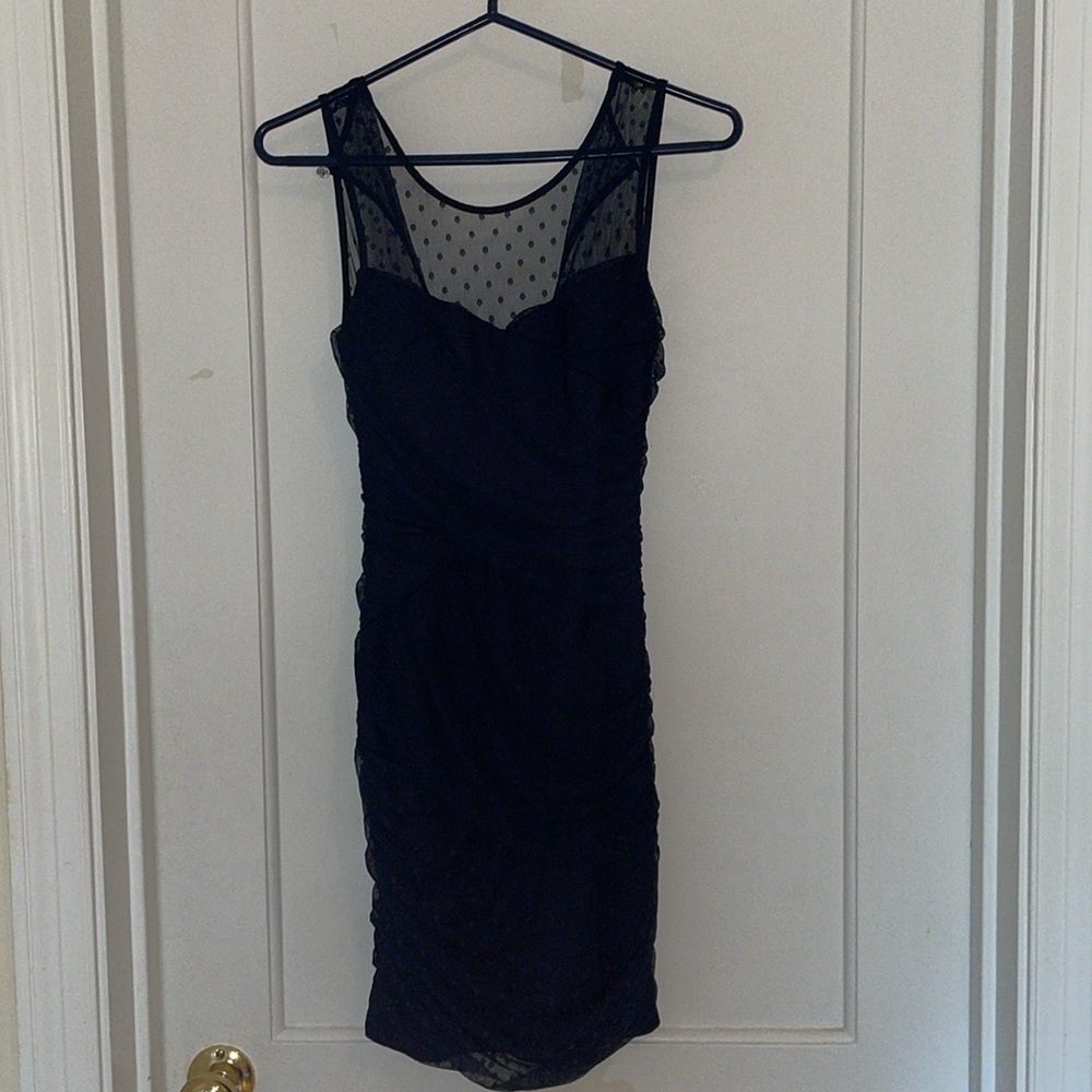 New w/o tags En Crème navy blue ruched, dotted bodycon dress (size XS)